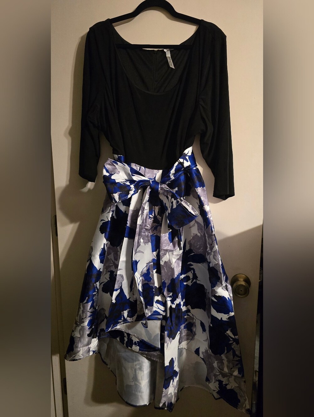 NY Collection Black Bodice High-Low Dress with Blue and White Floral Skirt